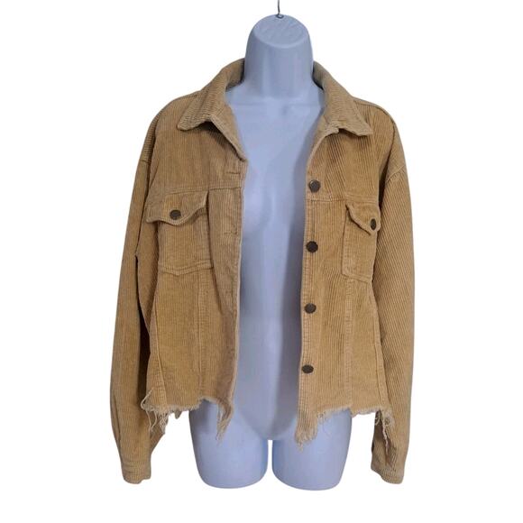 POL Khaki Corduroy Cropped Jacket/Shacket Size Small Grunge Boho Preppy Raw Hem - Picture 2 of 7